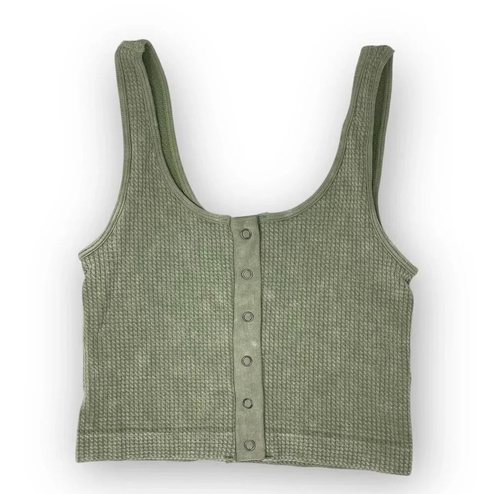 Aeropostale Seamless Seriously Soft Green Ribbed Cropped Tank Top Button Up XS